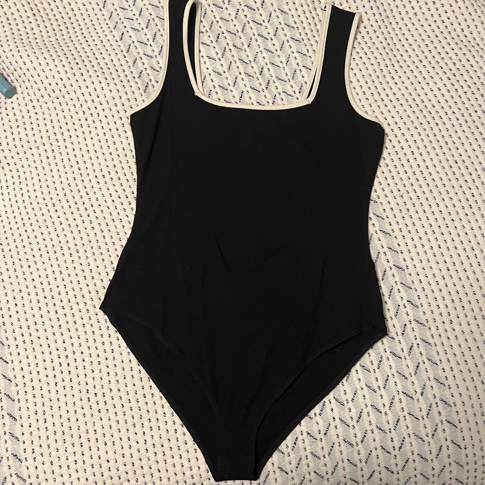 Heatherly Estelle Square Neck Knit Bodysuit, Black and White, Size LP